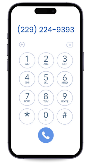 Graphic of a cell phone with number 229-224-9393 for the business on it 